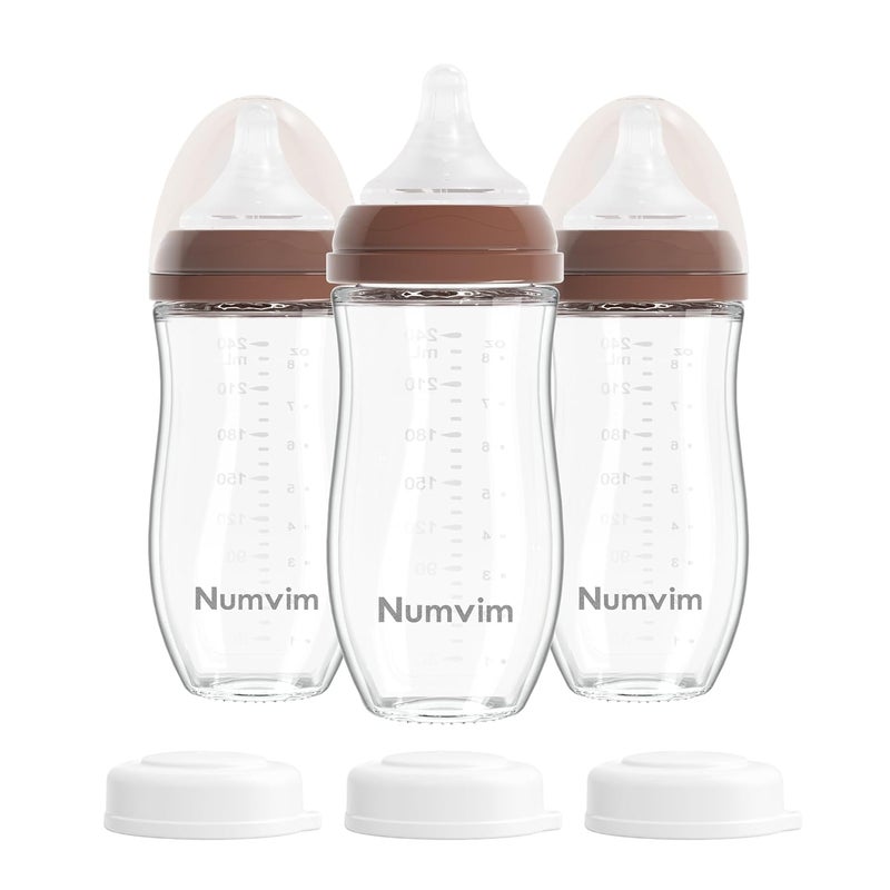 NUVIMI Natural Glass Baby Bottles Gentle & Extra Slow Flow, Newborn Breastfeeding Bottle with Anti Colic Nipple for 0 Months Babies, 3 Packs (Brown (8 Ounce), 1 Count (Pack of 3)) - Image 1